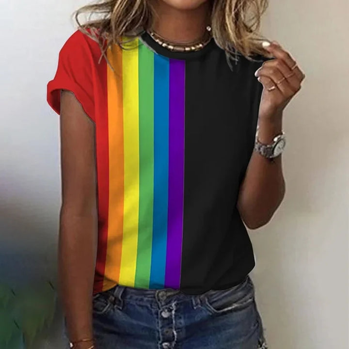 Stijlvol regenboog T-shirt in het zwart met opvallende print