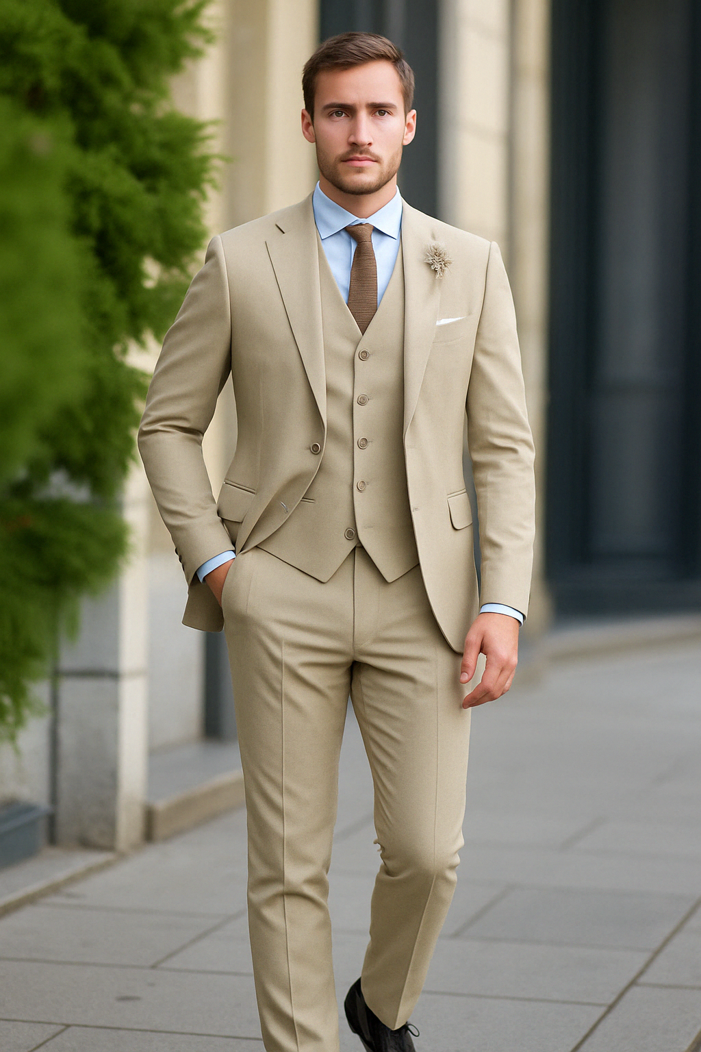 "Elegant 3-delig herenpak, slim fit, met blazer, gilet en broek in grijze tint voor bruiloft en zakelijke gelegenheden."