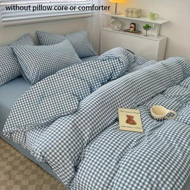 "Elegant blauw geruit dekbedovertrek, Koreaanse stijl, zacht en duurzaam, complete set met kussenslopen, slaapkamer upgrade"