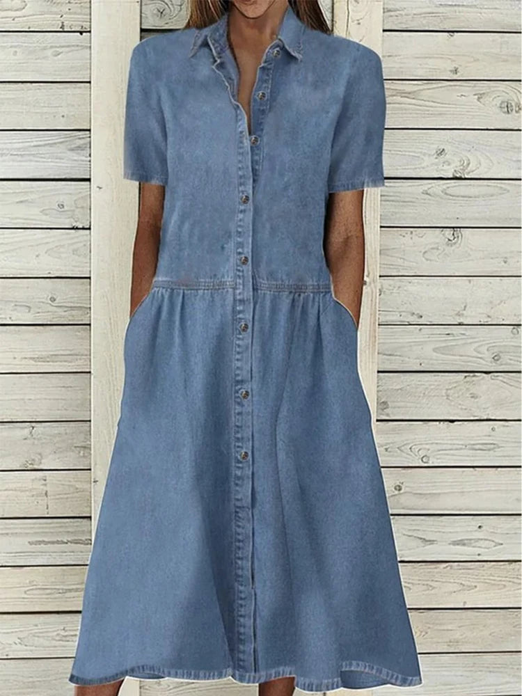 "Elegant denimlook A-lijn jurk met knoopsluiting en zakken, midi-lengte voor veelzijdige stijluitstralingen"