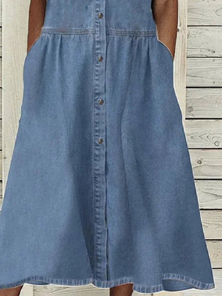 "Elegant denimlook A-lijn jurk met knoopsluiting en zakken, midi-lengte voor veelzijdige stijluitstralingen"