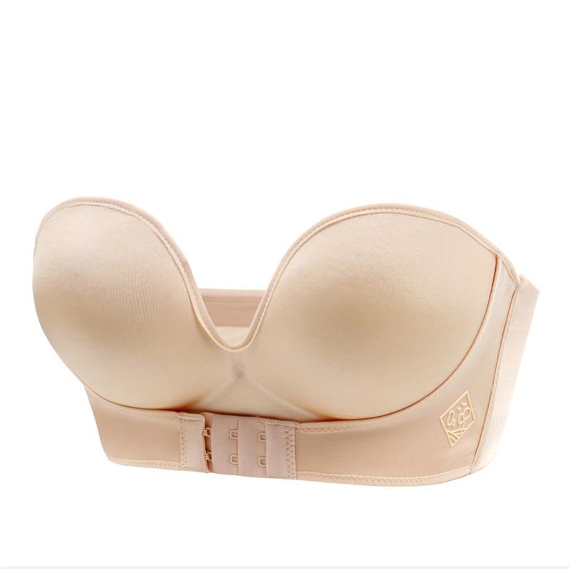 "Elegant strapless push-up BH, naadloos, voorgevormde cups, anti-slip band, natuurlijke lift, onzichtbare ondersteuning."
