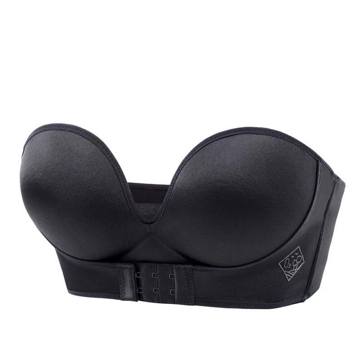 "Elegant strapless push-up BH, naadloos, voorgevormde cups, anti-slip band, natuurlijke lift, onzichtbare ondersteuning."