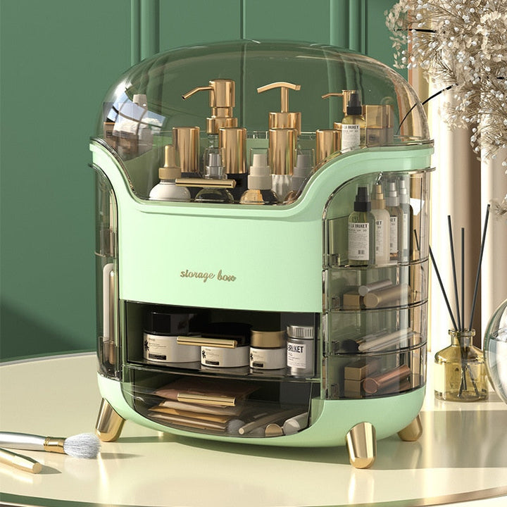 "Elegant zwarte/witte make-up organizer, hoogwaardig kunststof, meerdere vakken, stijlvol ontwerp voor georganiseerde ruimte.