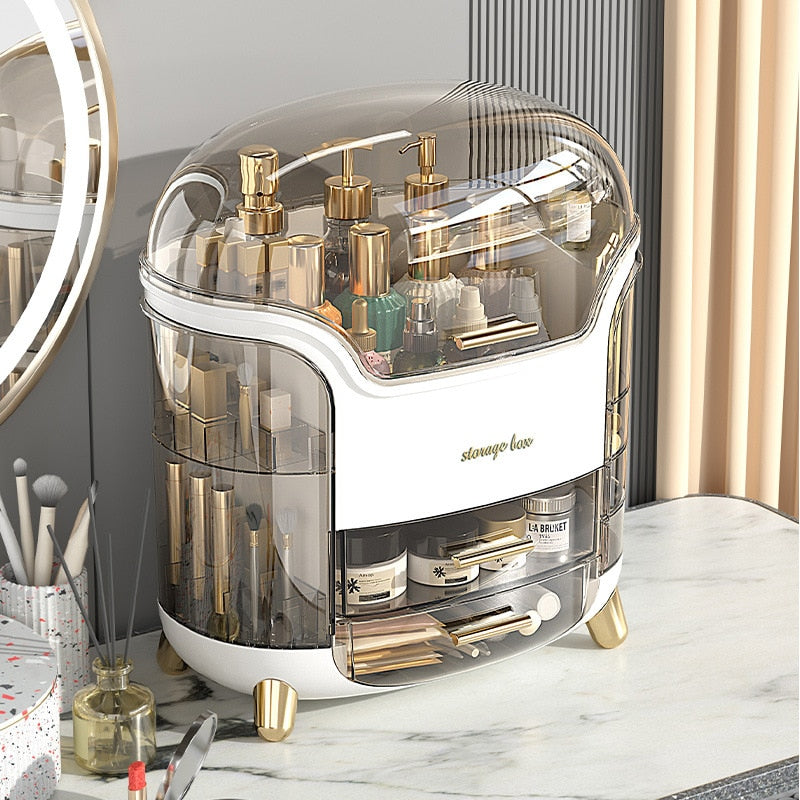 "Elegant zwarte/witte make-up organizer, hoogwaardig kunststof, meerdere vakken, stijlvol ontwerp voor georganiseerde ruimte.
