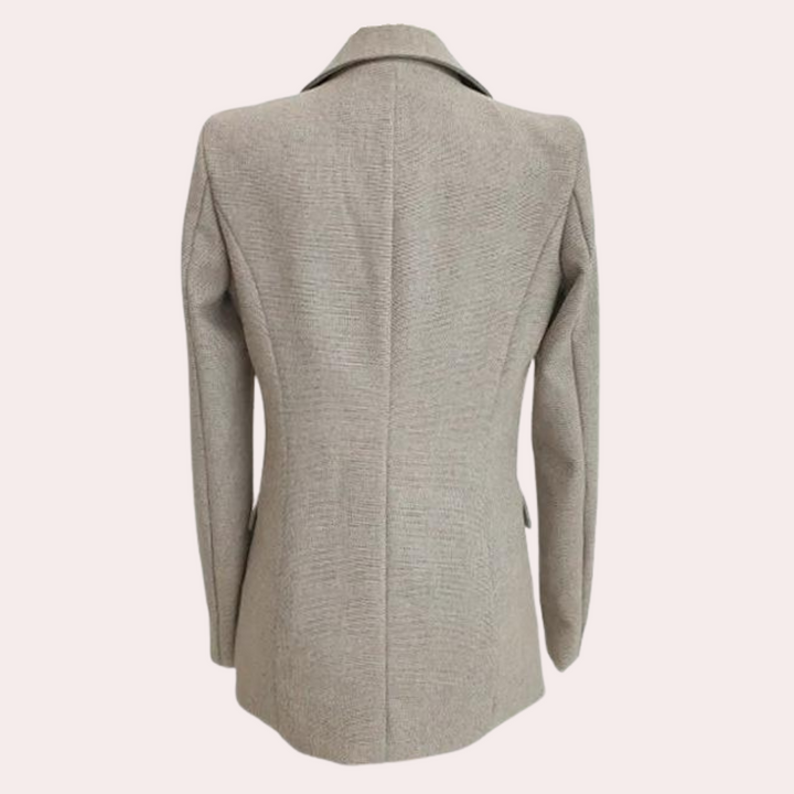 Elegante 3-delige dames zomerset in khaki: pantalon, gilet en blazer. Stijlvol en veelzijdig voor elke gelegenheid.