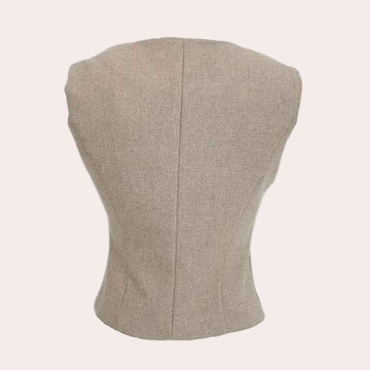 Elegante 3-delige dames zomerset in khaki: pantalon, gilet en blazer. Stijlvol en veelzijdig voor elke gelegenheid.
