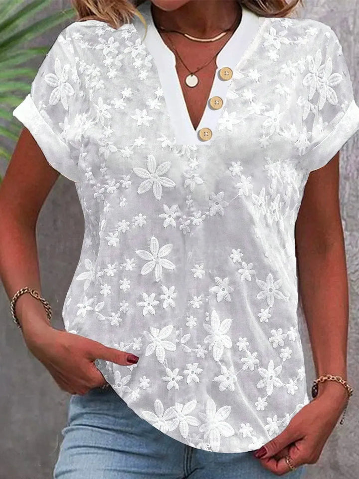 "Elegante bloemenblouse met V-hals, luchtige stof, kleurrijk bloemendessin, korte mouwen, retro stijl, dames top"