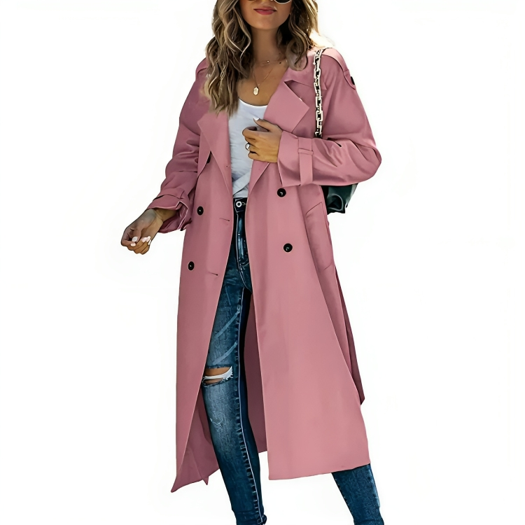 "Elegante Brenda trenchcoat dames, roze, met knoopsluiting, veelzijdige jas geschikt voor elk seizoen en gelegenheid."