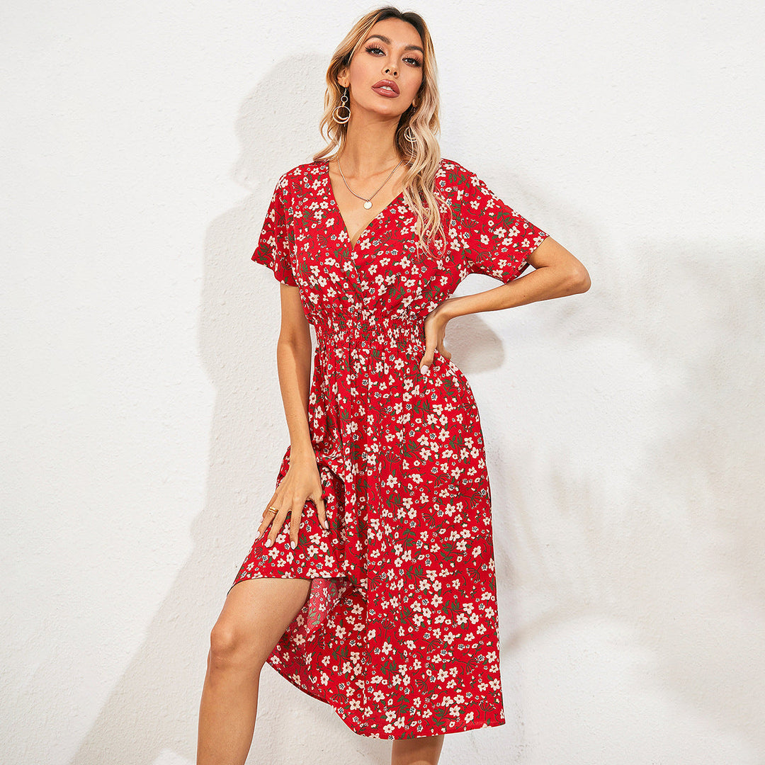 "Elegante chiffon jurk met V-hals, korte mouwen en midden taille, zachte lichtgewicht stof voor dames, trendy en ademend."