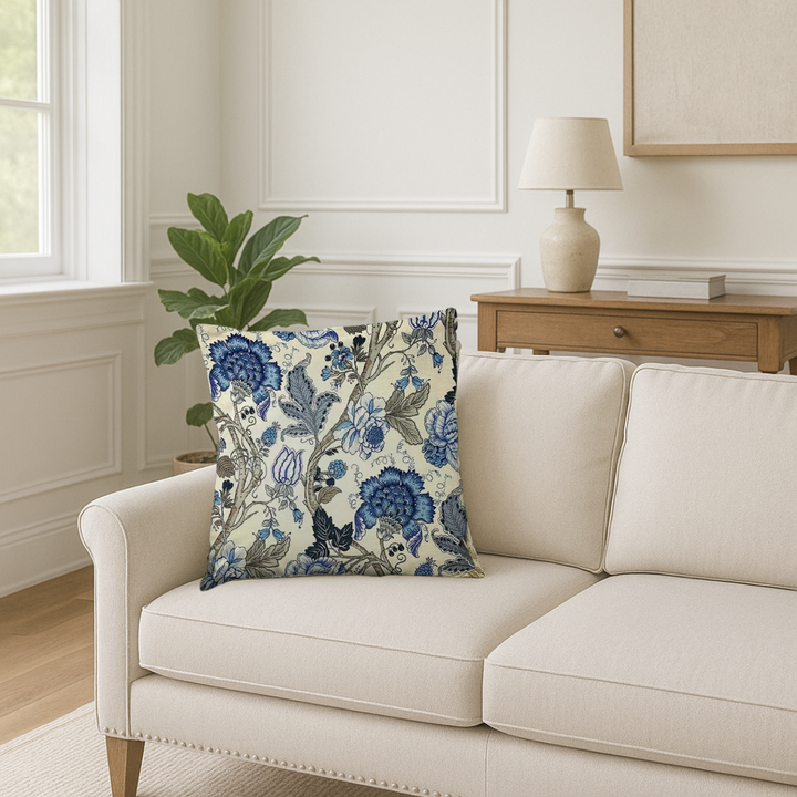 "Elegante CoastalBloom kussenhoes met bloemmotief, past in elk interieur, biedt comfort en bescherming tegen slijtage."
