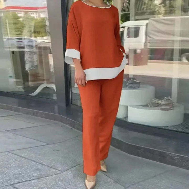 Blauwe comfortabele co-ord set voor dames. Elegante broekpak, ideaal als zomer set voor elke gelegenheid.