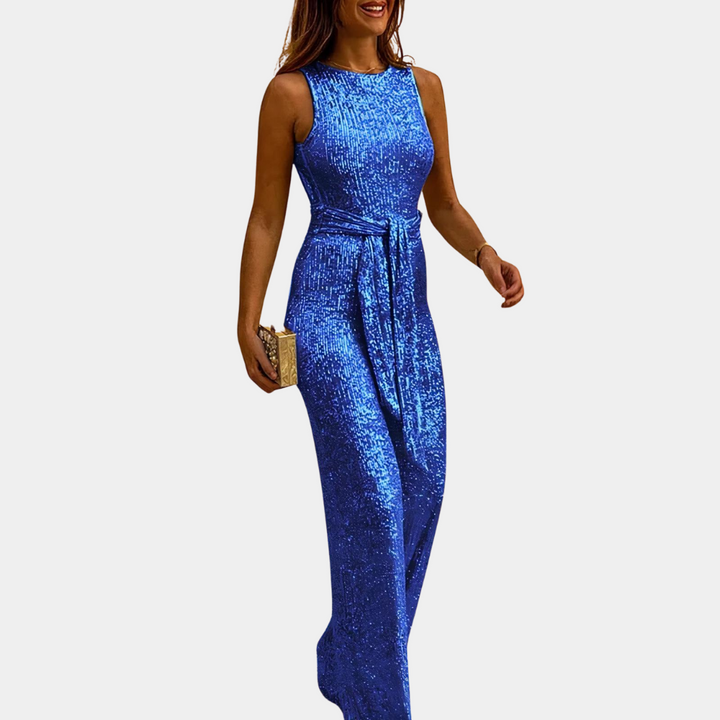 Comfortabele en stijlvolle dames glitter jumpsuit, perfecte feestelijke kleding voor een ontspannen avond.