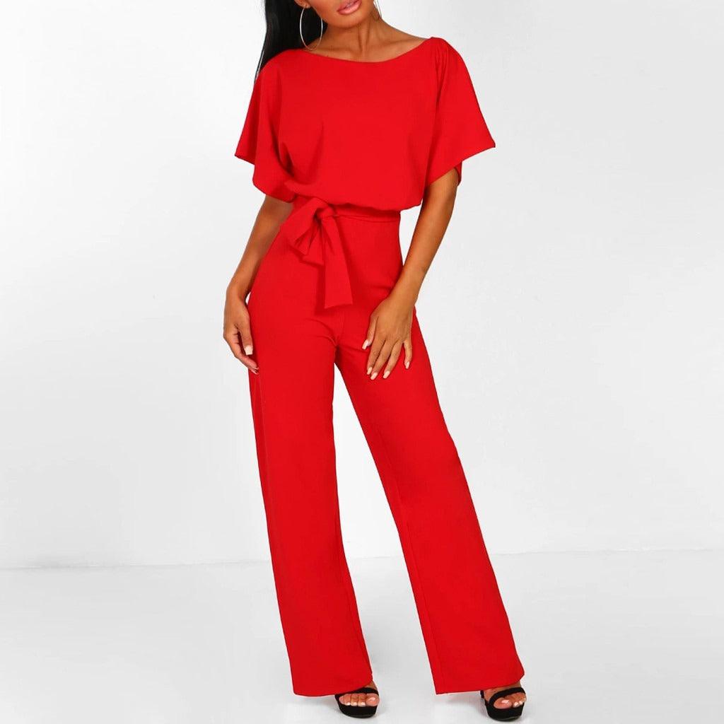 "Elegante dames jumpsuit met brede pijpen, korte mouwen en riem, ideaal voor zowel formele als casual gelegenheden."