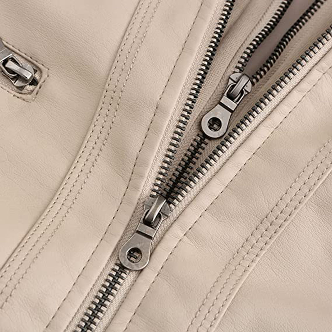 "Elegante dames leren zomerjas BARBARA, veelzijdig met afneembare capuchon en dubbele rits, in diverse kleuren aangeboden."