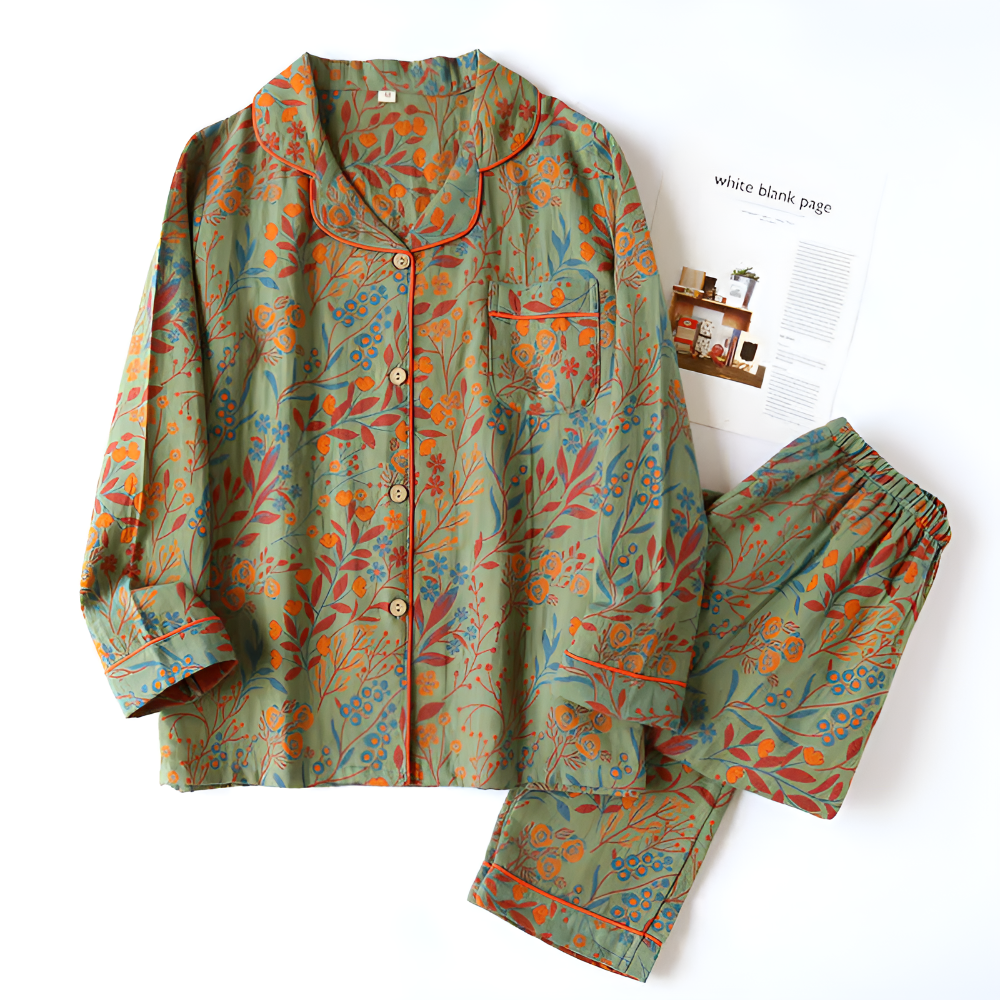"Elegante dames loungewear set met grijs bloemenpatroon, comfortabel huispak voor ultiem thuiscomfort in alle seizoenen."