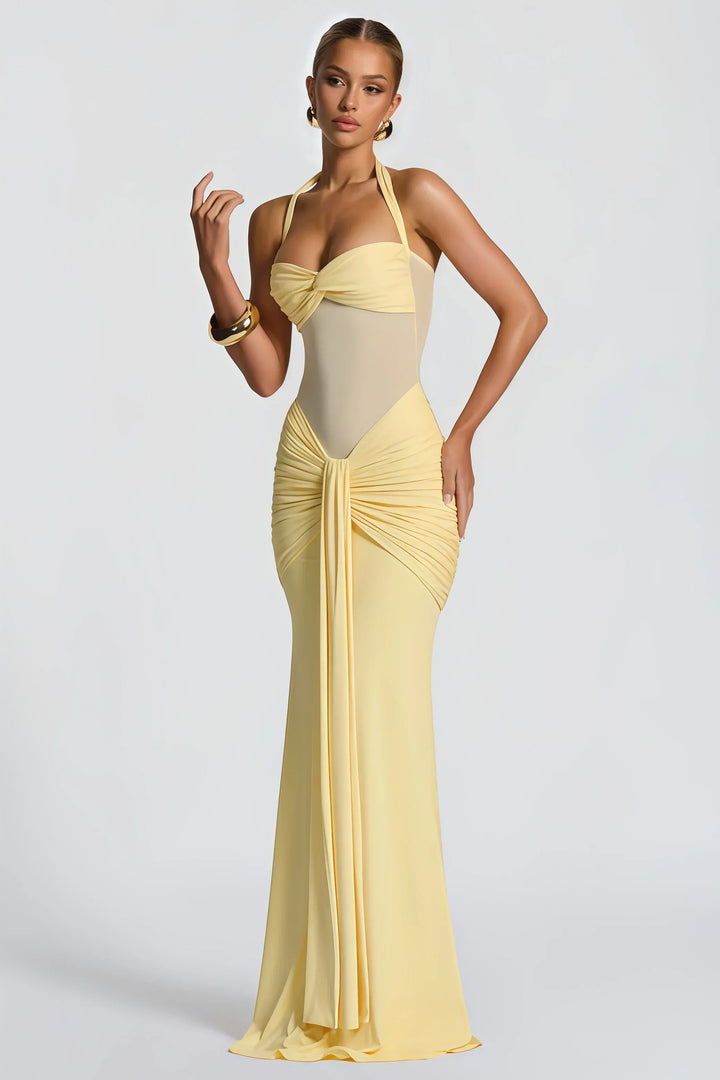 Blauwe elegante avondjurk voor dames. Maxi-jurk met halternek, ideaal voor speciale gelegenheden.