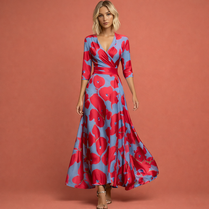 Trendy dames lange jurk met elegante bloemenprint en comfortabele V-hals, stijlvol voor lente en zomer.
