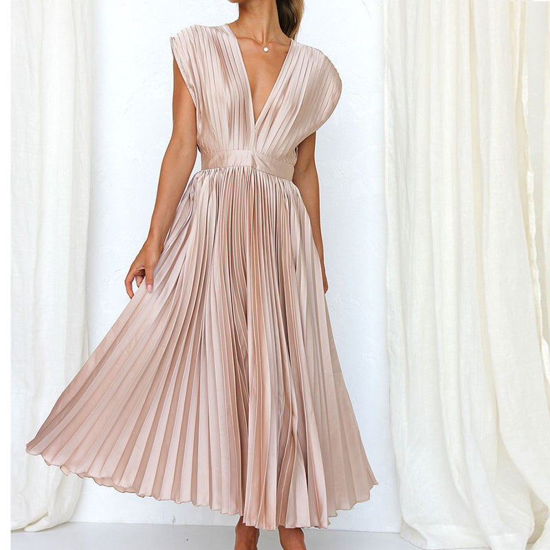 Elegante mouwloze V-hals damesjurk, lange maxi lengte, geschikt voor diverse gelegenheden.