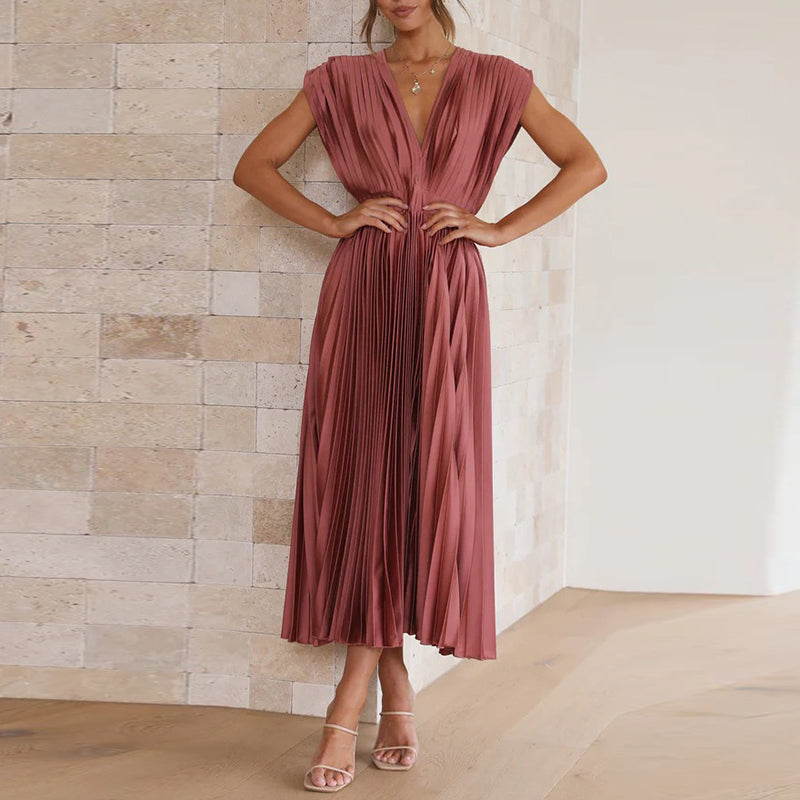Stijlvolle dames maxi jurk, mouwloos met diepe V-hals, ideaal voor zomerse dagen of feesten.