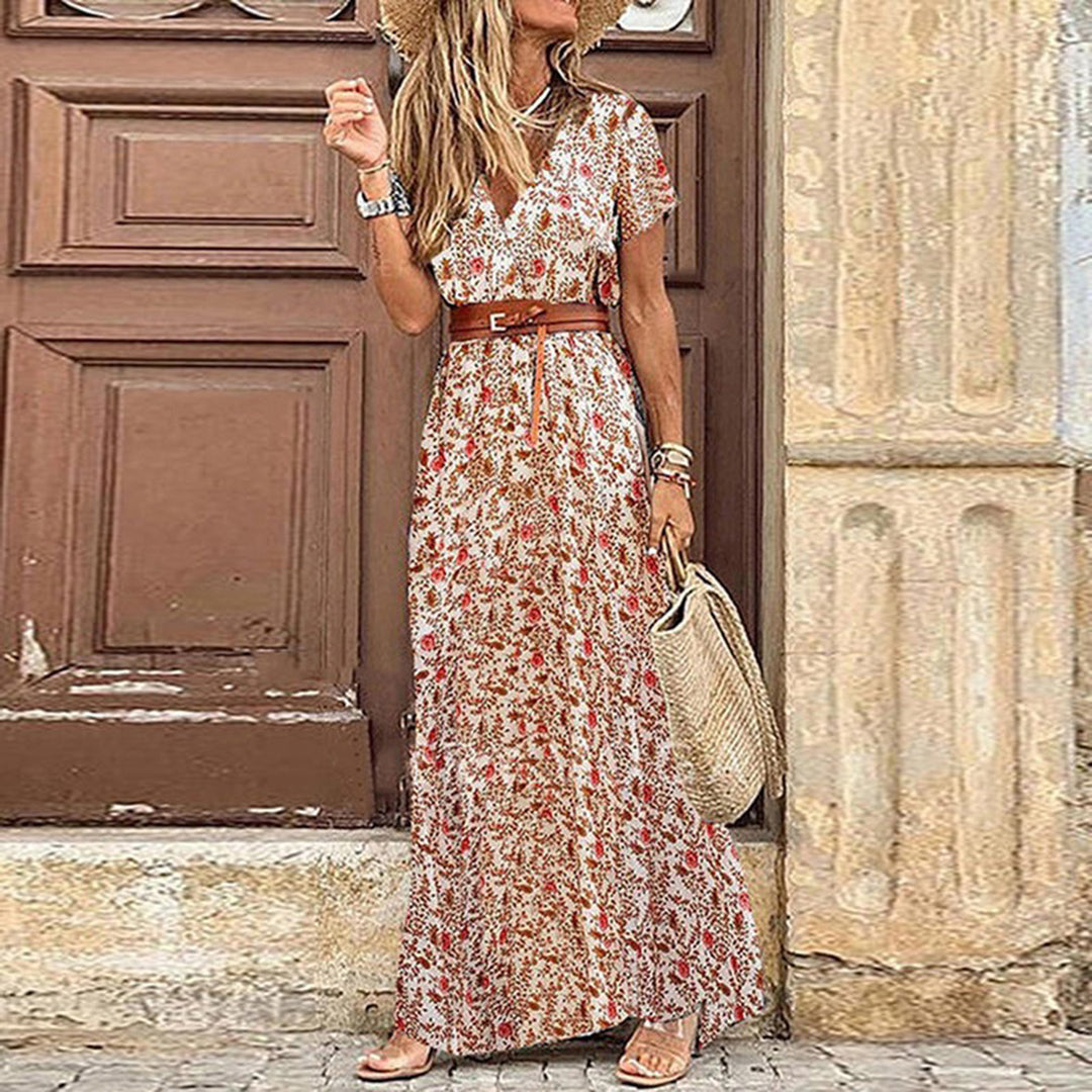 Ademende dames maxi-jurk met V-hals en elegante riem, ideaal voor een comfortabele en stijlvolle zomerse look.