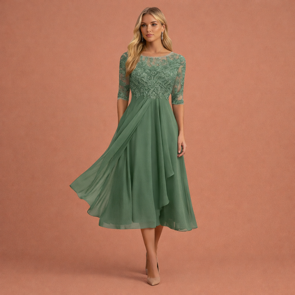 Formele blauwe dames galajurk, midi lengte, met kanten bovenstuk en elegante gelaagde rok.