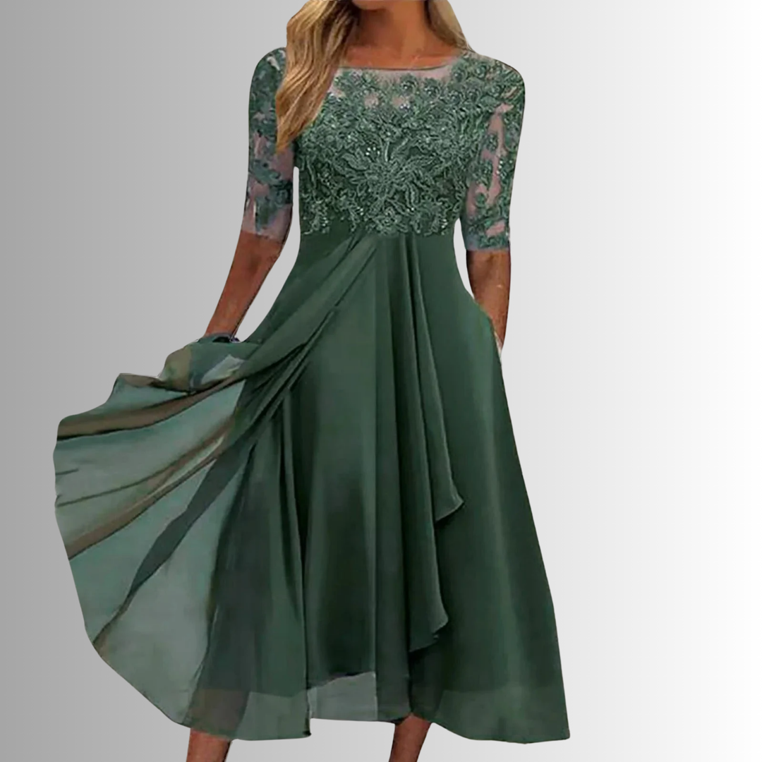 Crème midi jurk dames, A-lijn, ronde hals, halve mouw, met elegant bovenstuk. Ideaal als bruiloftsgast jurk.