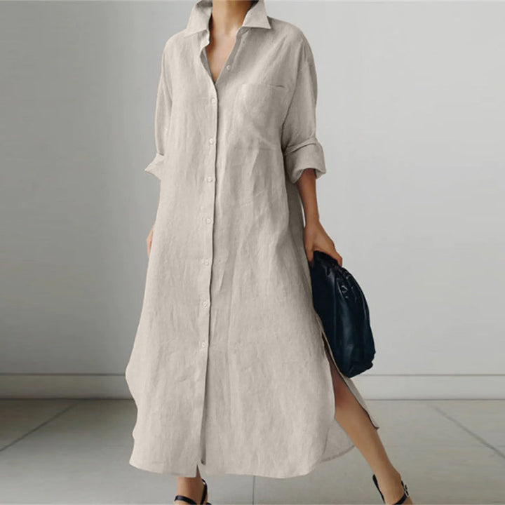 Midi polojurk voor dames met knoopsluiting en korte mouw. Elegante overhemdjurk, ideaal voor lente en zomer.