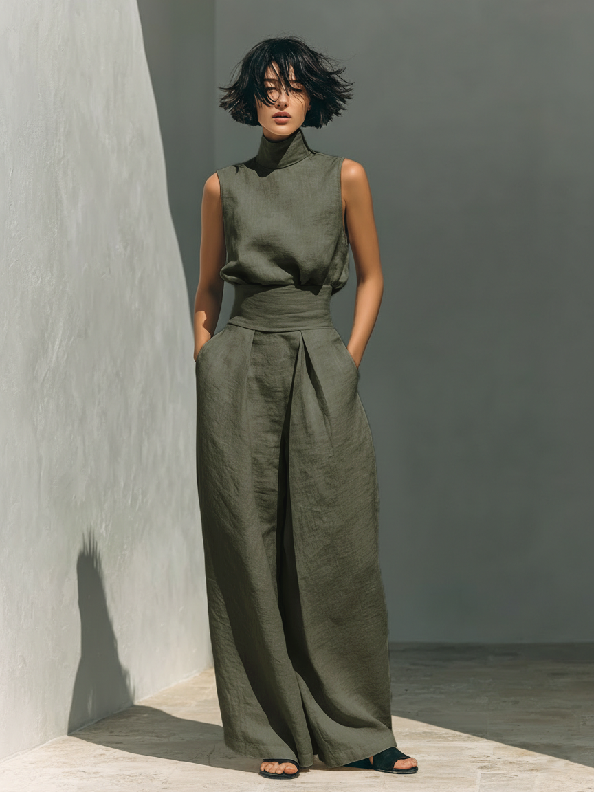 Elegante tweedelige dames co-ord set met chique mouwloze top en flowy wijde broek; ideaal voor een verfijnde stijl.