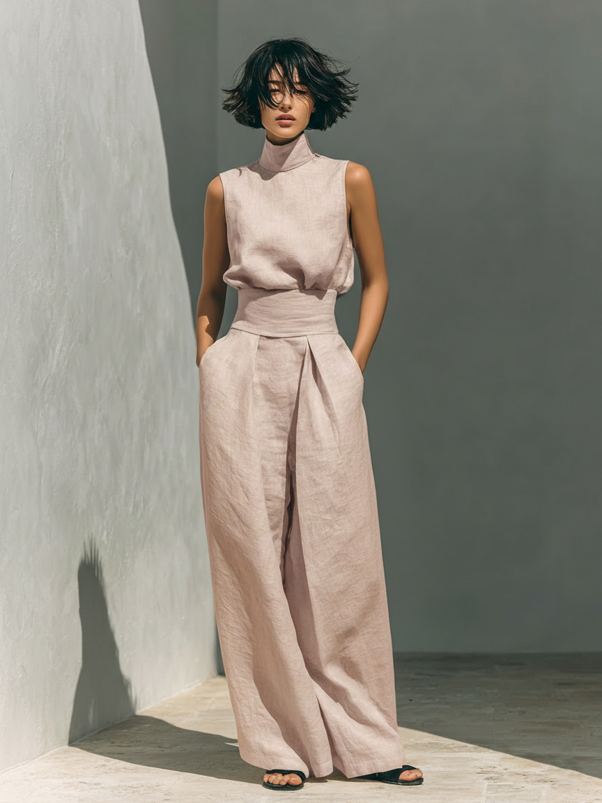 Comfortabele lounge dames set met zachte rolkraag top en ruime wijde broek; perfect voor ontspanning en stijl.