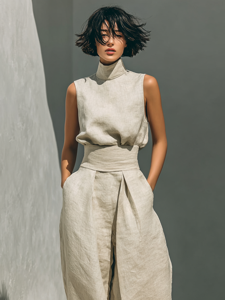 Dames elegante co-ord set met mouwloze rolkraag top en comfortabele wijde broek; perfect voor een chique look.