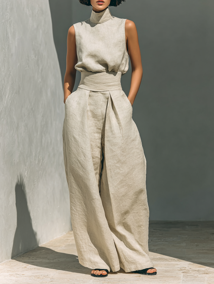 Model draagt stijlvolle dames tweedelige set met rolkraag top en wijde broek; een complete, comfortabele outfit.