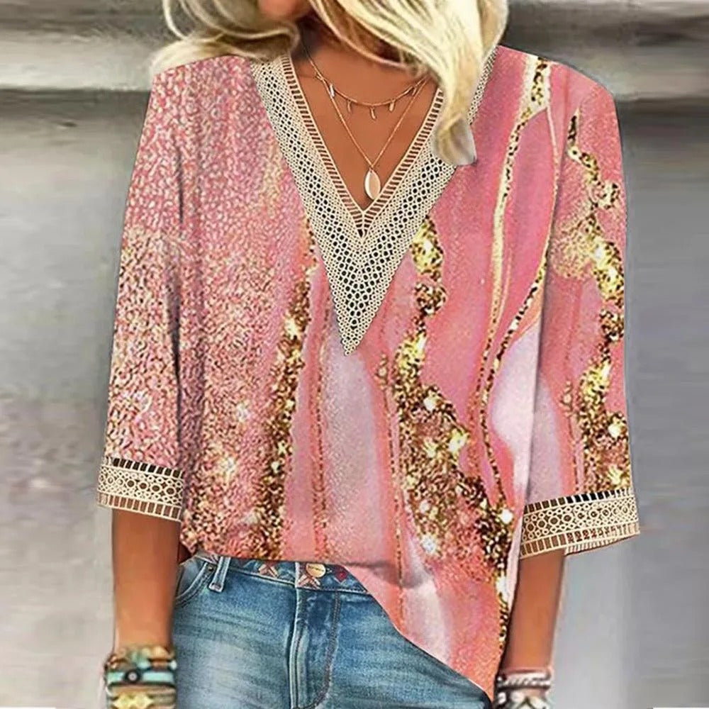 "Elegante dames zomer blouse in goud, roze, bruin of groen; chique design voor comfort en stijl in warme maanden."