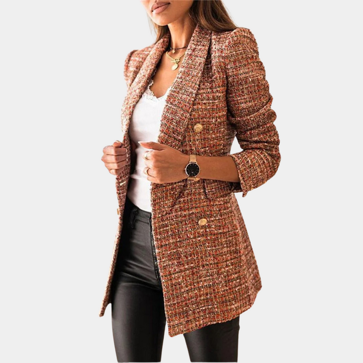 "Elegante damesblazer in bruin, zwart of khaki; veelzijdig ontwerp voor zakelijke en casual stijlen, flatterende pasvorm."