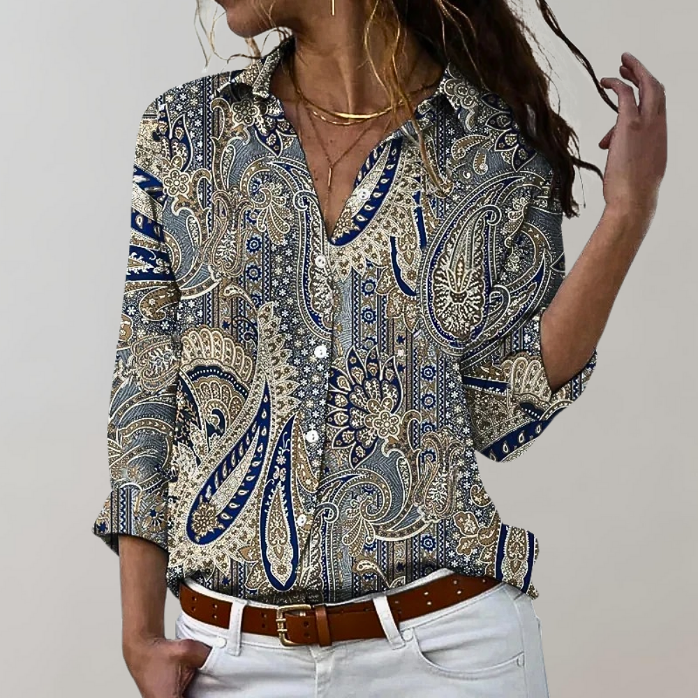 "Elegante damesblouse in gouddkleur, subtiele slim fit, katoenen mix, ideaal voor zowel chique als casual gelegenheden."