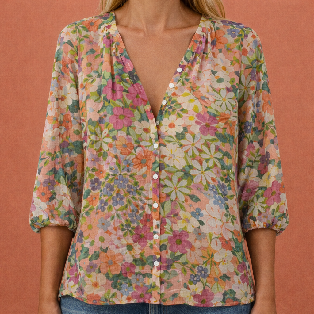 Lichte damesblouse met aantrekkelijke print, V-hals en knopen. Ideaal voor een frisse lente- of zomerlook.