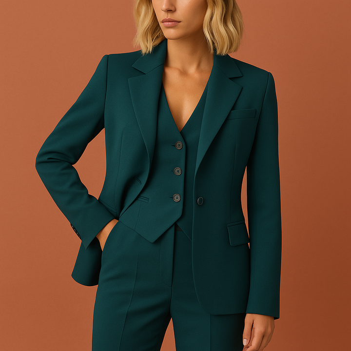 Model draagt elegante driedelige dames set met jasje en broek, ideaal voor een zakelijke en comfortabele look. Vrouwenmode.