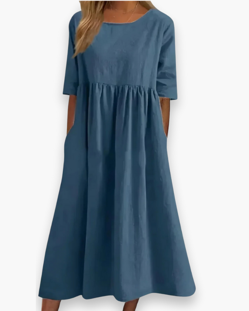 Luchtige effen halflange damesjurk, comfortabele midi-jurk perfect voor warme dagen.