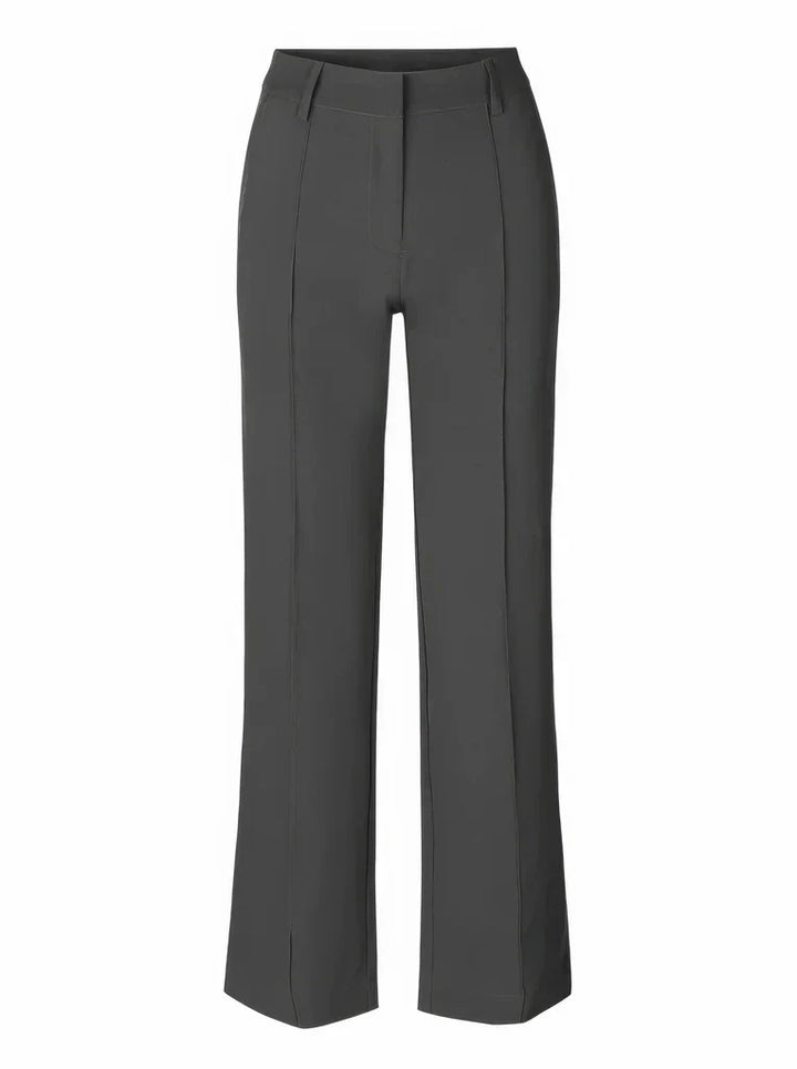 "Elegante grijze damesbroek met slim-fit en wijde pijpen van duurzame polyester voor zowel casual als formele looks."