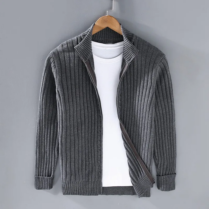 "Elegante heren cardigan van zacht katoen met rits en geribbelde details, tijdloos design, geschikt voor elke stijl."