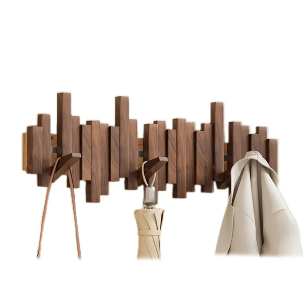 Unieke pianostijl kapstok met opklapbare haken. Ruimtebesparende houten wandkapstok, ideaal voor hal/entree.