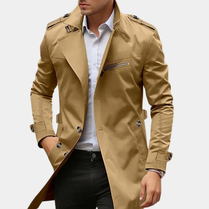 "Elegante khaki trenchcoat heren, klassiek design, geschikt voor lente en herfst, stijlvolle herenjas, modieuze keuze"