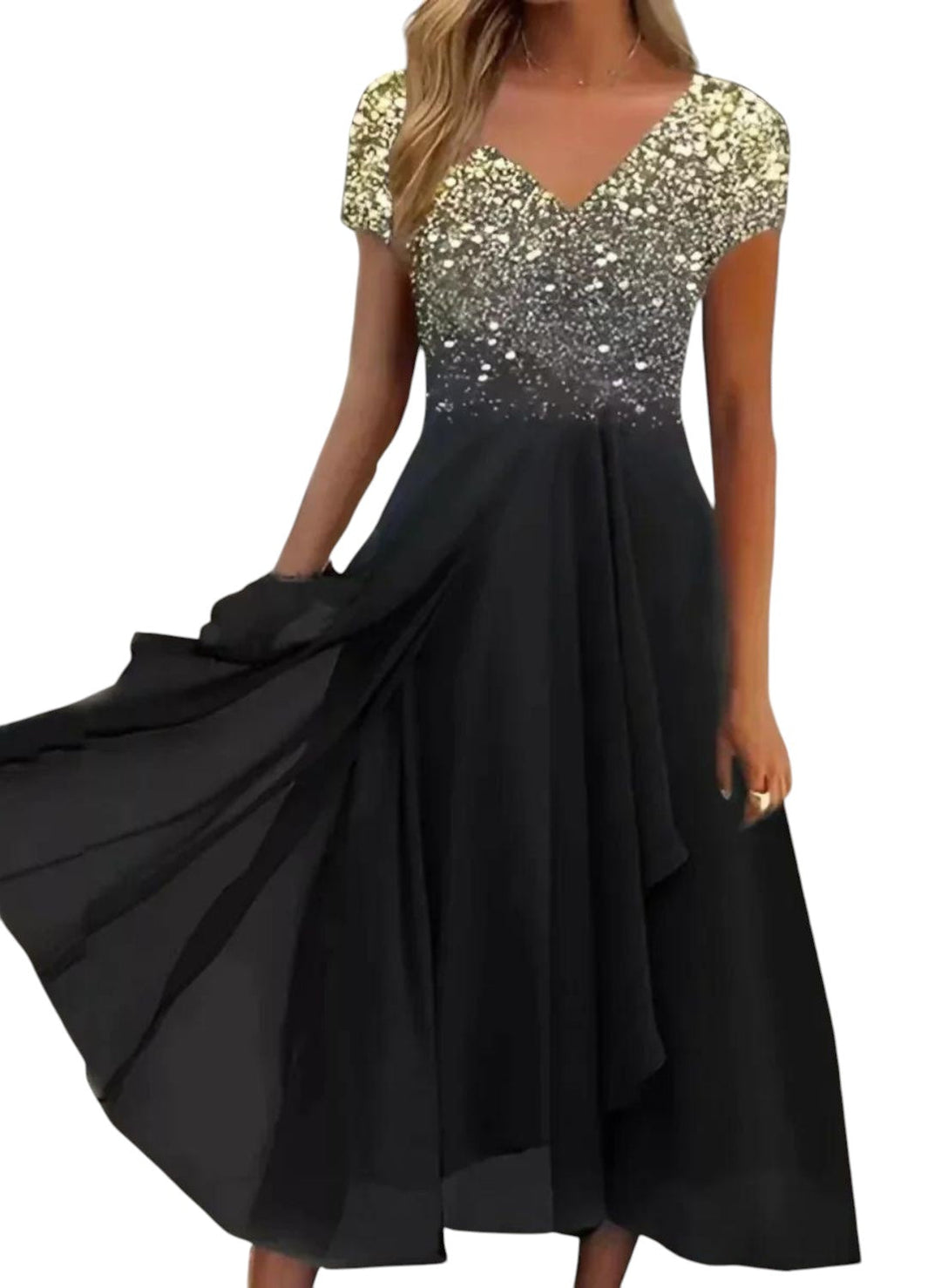 "Elegante lange chiffon feestjurk met V-hals, vloeiend silhouet, perfect voor gala's en chique diners, flatterende pasvorm."
