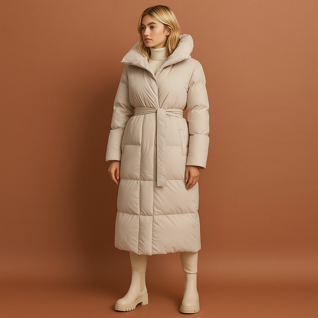 Elegante lange dames winterjas, slank gesneden, perfect voor warme winterdagen. Chique en comfortabele mode bovenkleding.