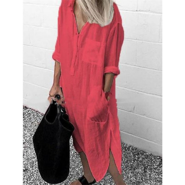 Chique lange dames zomerjurk. Elegante en comfortabele maxi-jurk, perfect voor zomerse gelegenheden en damesmode.