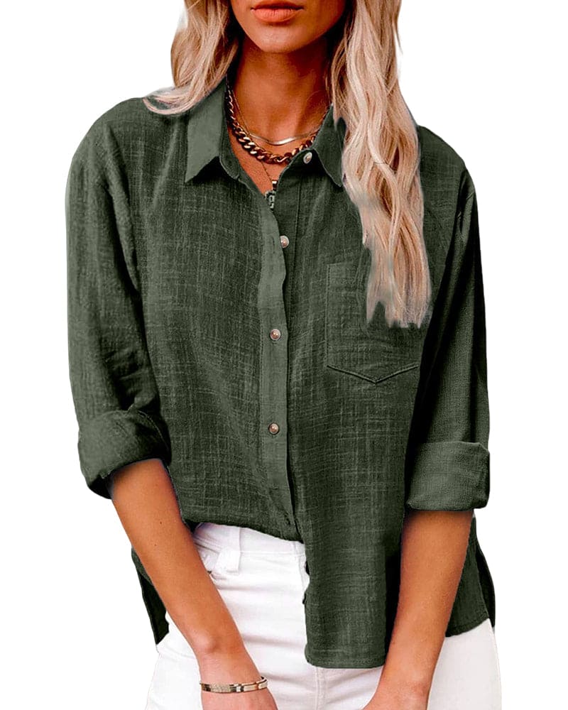 "Elegante lange mouwen linnen blouse, knoopsluiting, ademende stof, ideaal voor stijlvol dagelijks gebruik."