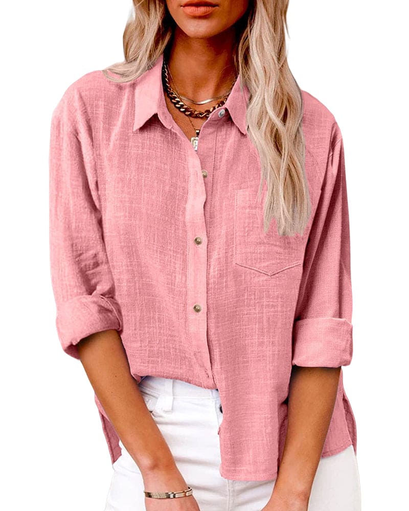 "Elegante lange mouwen linnen blouse, knoopsluiting, ademende stof, ideaal voor stijlvol dagelijks gebruik."