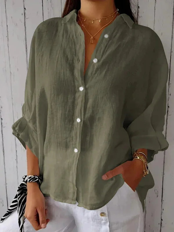 "Elegante linnen damesblouse met V-hals en strikje, luchtige katoen-linnenmix, vrouwelijk silhouet, veelzijdig design."