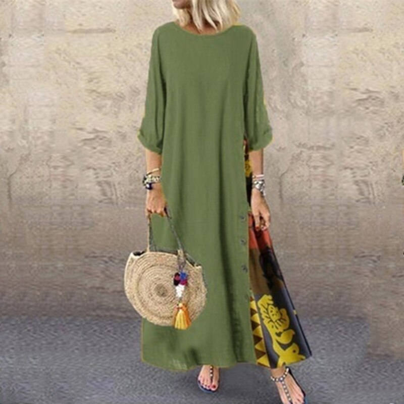 "Elegante maxi zomerjurk voor dames in katoen en linnen, O-hals, zijaanzicht, subtiele zijknoppen, comfortabel en stijlvol."