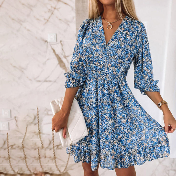 JANNINE midi zomerjurk in rood, groen en blauw, met V-hals en korte mouwen